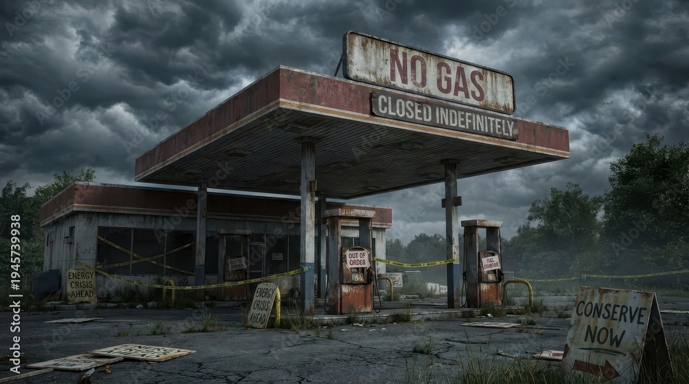 Obraz premium Abandoned Gas Station Surrounded by Overgrown Vegetation and Clouds