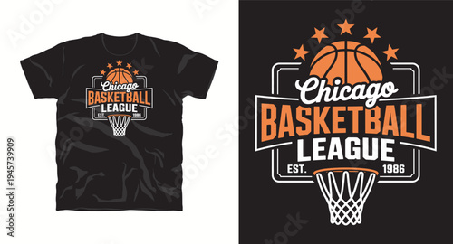 Chicago basketball league est 1986 t-shirt design with basket and stars in bold typography