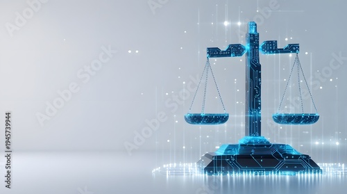 Futuristic Digital Scales of Justice in a Technological Background
