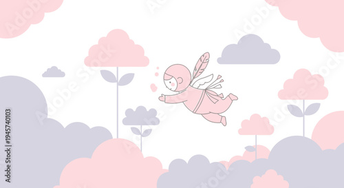 Cute Angel Baby Flying Among Clouds and Flowers, Pink and Purple Soft Colors