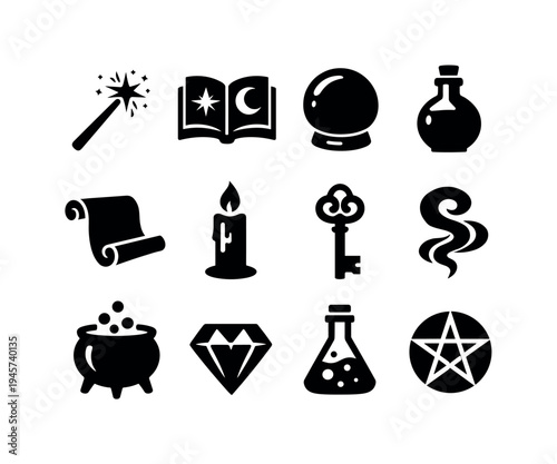 Magic and fantasy icons set: wand, book, crystal ball, potion, scroll, candle, key, smoke, cauldron, diamond, flask, pentagram. A collection of black silhouette icons representing