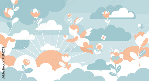 Cute Angel with Flowers and Clouds, Soft Pastel Sky Background