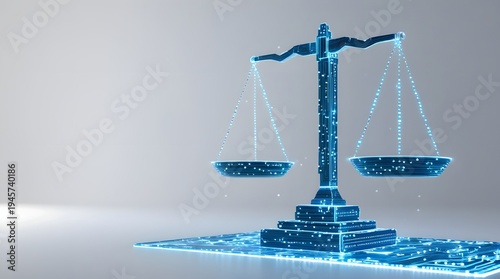 Digital Justice Scale in Futuristic Style with Sparkling Elements