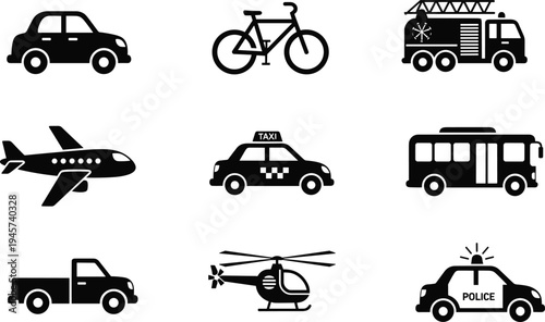 Transportation vehicle icons set including car, bicycle, fire truck, airplane, taxi, bus, helicopter and police car, urban transport vector symbols collectionv
