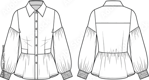 Blouse technical drawing with collar, button front, long puff sleeves, dropped shoulders, gathered peplum hem, fashion flat sketch front and back view