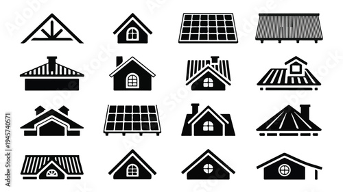 A collection of house roof and roofing service icons.