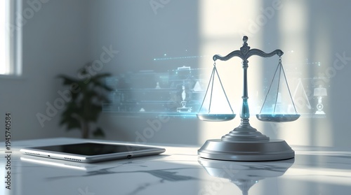 Modern Legal Concept with Scales and Tablet in Bright Office Setting
