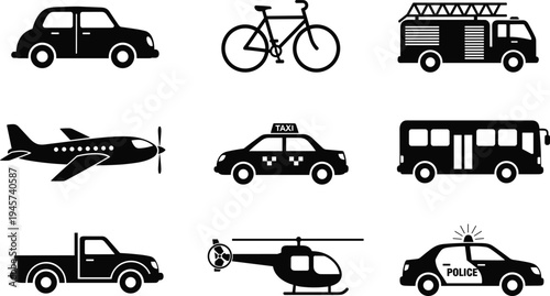 Transportation vehicle silhouettes collection with car, bicycle, airplane, taxi, bus, truck, helicopter, fire engine and police car vector icons isolated