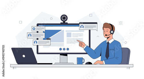 Customer Service Agent with Headset at Computer, Online Support, Communication