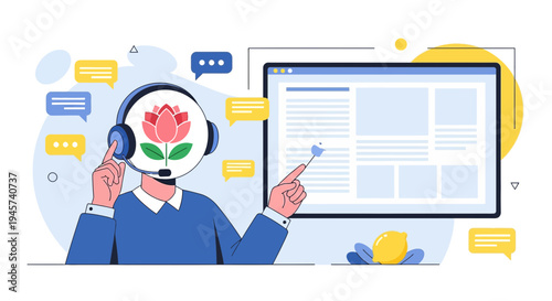 Customer Service Agent with Lotus Flower Head, Talking Bubbles & Digital Screen