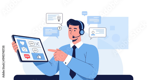 Customer Service Agent with Tablet, Digital Communication & Social Media Icons