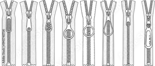 Detailed black and white zipper designs with unique pull tabs, fashion accessory illustration for garment manufacturing and textile catalog