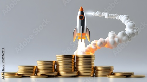 Rocket Launching from Stacked Coins Representing Financial Growth