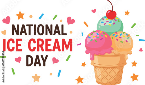 National Ice Cream Day Illustration with Colorful Ice Cream Scoops in Waffle Cone, Sprinkles, Cherry Topping, and Festive Decoration Elements