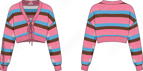 Fashion illustration of cropped long-sleeve striped sweater with V-neckline lace-up tie detail, ribbed cuffs and hem, front and back views