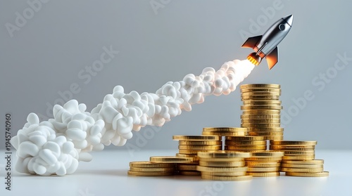 Rocket Launching Above Stacks of Gold Coins Symbolizing Wealth Growth
