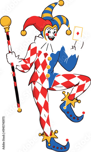 Colorful Joker Jester Character Holding Playing Card and Staff in Harlequin Costume for Casino, Carnival, Circus, and Entertainment Illustration
