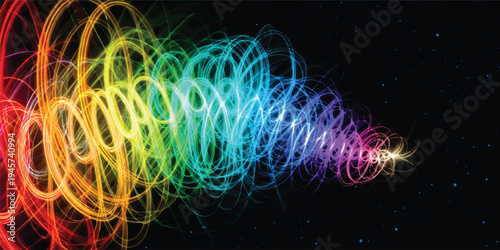 A dynamic fractal wave of colorful energy swirls through a futuristic black space, featuring glowing blue lines and a smoky motion effect for a vibrant abstract background design