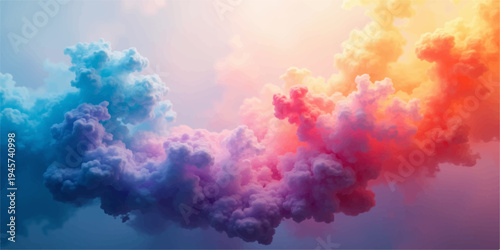 A beautiful abstract background of fluffy white clouds and bright sunlight creates a heavenly blue summer cloudscape in the high sunny air