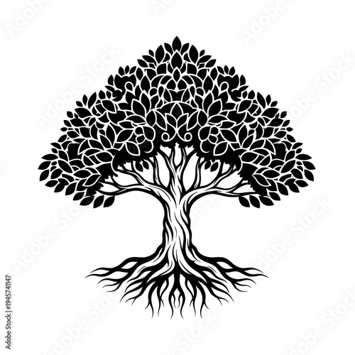 Stylized Tree of Life Silhouette with Intricate Roots and Leaves