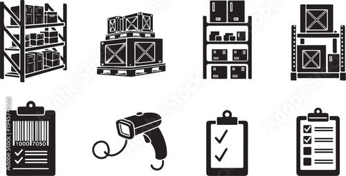 Warehouse Storage and Inventory Management Icons Set Black