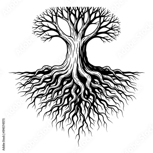 Stylized Tree of Life with Intricate Roots and Branches, Black and White