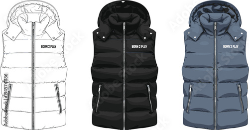 Hooded puffer vest mockup set with zipper pockets and Born 2 Play slogan in white, black and blue colors