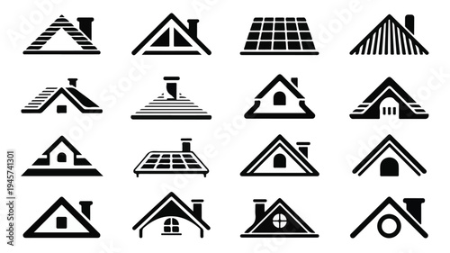 A collection of house roof and roofing service icons.