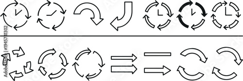 Circular arrow icon set with rotation, refresh, reload, and direction symbols in outline and solid styles isolated on light background for interface design