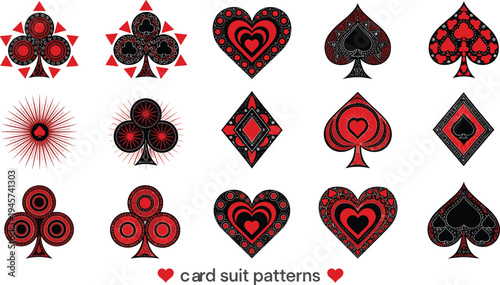 Decorative Playing Card Suit Patterns Collection with Hearts, Spades, Clubs, and Diamonds in Ornamental Red and Black Casino Style Design
