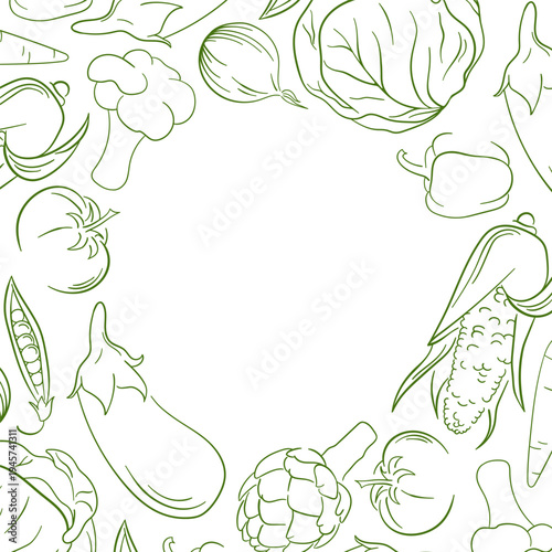 Border with line art style vegetable arranged in circle composition. Illustration background for healthy food menu, organic store packaging and market design.