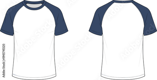 Raglan t-shirt technical drawing with contrasting navy blue sleeves, baseball tee fashion flat sketch front and back view vector template