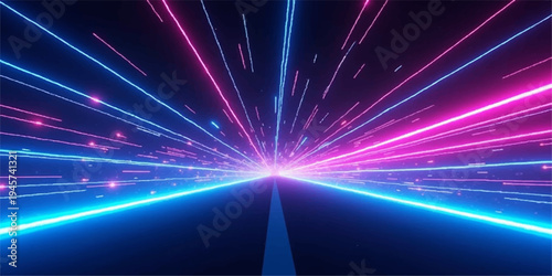 Blue glowing light trails burst across the night highway in a bright motion pattern of energy rays and shiny laser streaks for a magic space design background