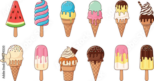 Colorful Ice Cream Cones and Popsicles Collection with Chocolate Drip, Sprinkles, and Fruit Flavors for Summer Dessert Food Illustration Set