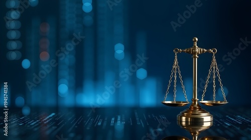 Golden Legal Scales on Reflective Surface with Blurred Background