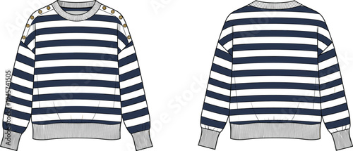 Technical fashion flat sketch of striped long‑sleeve sweater with crew neckline, ribbed cuffs, ribbed hem, and decorative shoulder buttons