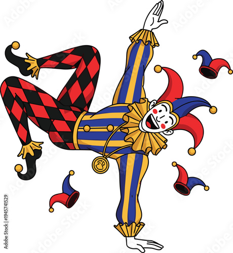 Colorful Acrobat Joker Jester Character Performing Trick in Harlequin Costume for Carnival, Circus, Casino, and Entertainment Vector Illustration