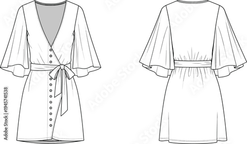 Technical fashion flat sketch of women’s dress with deep V-neckline, flared sleeves, tied waist belt, and button-down front design