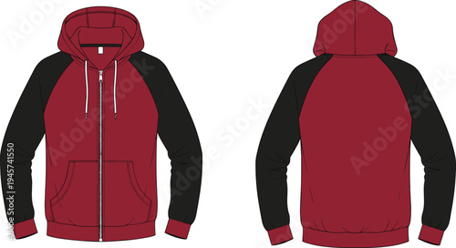 Technical fashion flat sketch of women’s hooded zip-up jacket with two-tone maroon body, black sleeves, front pockets, and drawstrings