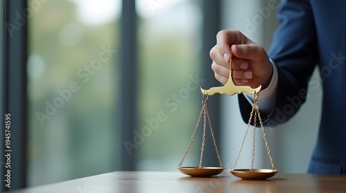 Golden Scales of Justice Held by Hand in Professional Setting