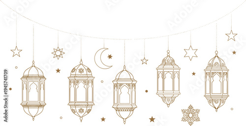 Elegant Ramadan Lantern Decoration with Hanging Islamic Lanterns, Crescent Moon, Stars, and Snowflake Elements for Ramadan Kareem and Eid Festival Design