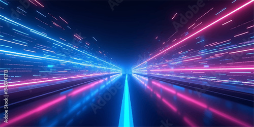 Bright lines of blue light and glowing energy create a motion blur of night city traffic in a technology background illustration with speed and laser waves