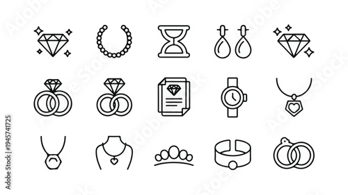 A collection of elegant jewelry and accessory line icons.