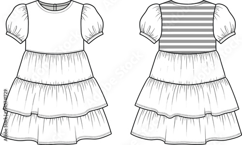 Technical fashion illustration of girl’s puff‑sleeve tiered dress with round neckline, gathered cuffs, layered skirt, and striped back bodice