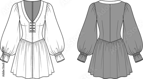 Technical fashion illustration of children’s dress with deep V-neckline, voluminous sleeves, gathered skirt, decorative closures, and structured cuffs