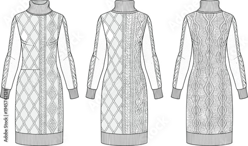 Technical fashion illustration of long‑sleeved women’s sweater dress with turtleneck, ribbed cuffs and hem, cable knit and textured patterns