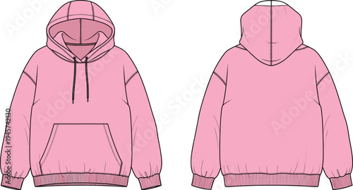 Technical fashion illustration of pink hoodie with kangaroo pocket, drawstring hood, ribbed cuffs, front and back view flat sketch design template