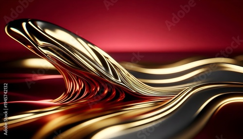 Abstract Metallic Waves Flowing in Smooth Gold and Red Pattern