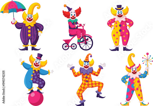 Colorful Circus Clown Characters Collection with Umbrella, Bicycle, Ball, and Party Prop in Funny Carnival Costume for Kids Entertainment Design