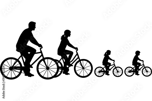 Family Cycling Together - Silhouette Illustration